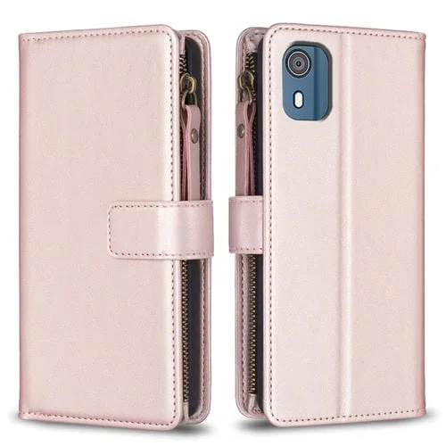 Funda de Cuero para Nokia C02 con 9 Ranuras para Tarjetas y Cremallera con Tapa (Oro Rosa)