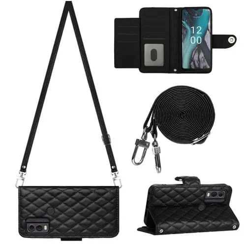 Funda de Cuero para Nokia C22 con Tapa Textura Rómbica y Cordón Largo (Negro)