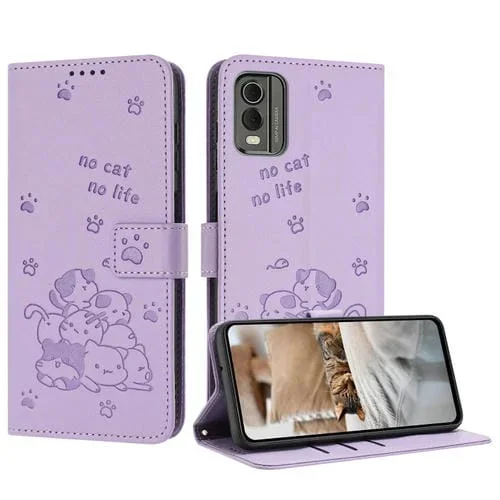 Funda de Cuero para Nokia C32 con Diseño de Gatito en Relieve y Cordón (Morado)
