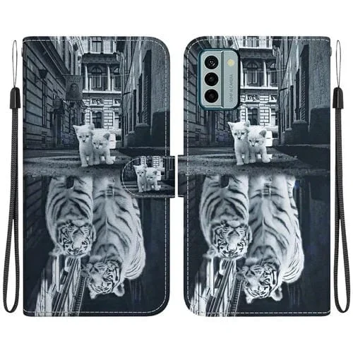 Funda de Cuero para Nokia G22 con Dibujo Coloreado y Textura de Cristal (Reflejo de Tigre Gato)