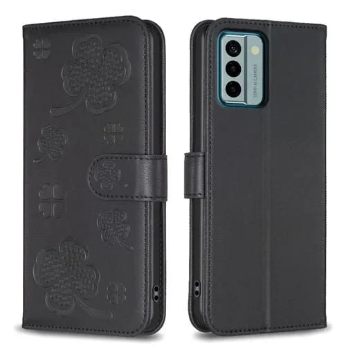 Funda de Cuero para Nokia G22 con Relieve de Cuatro Hojas (Negro)