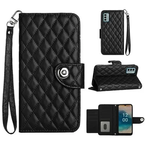 Funda de Cuero para Nokia G22 con Tapa, Textura Rómbica y Cordón (Negro)