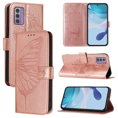 Funda de Cuero para Nokia G42/G310 con Diseño de Mariposa en Relieve (Oro Rosa)