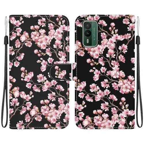 Funda de Cuero para Nokia Xr21 con Dibujo Coloreado y Textura de Cristal (Flor de Ciruelo)