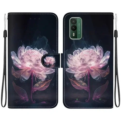 Funda de Cuero para Nokia Xr21 con Dibujo Coloreado y Textura de Cristal (Peonía Púrpura)