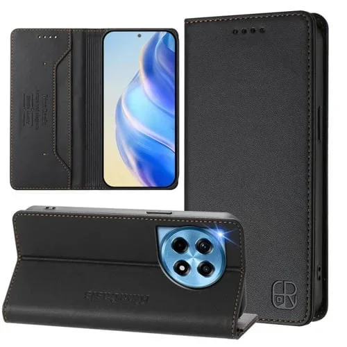 Funda de Cuero para OnePlus 12 Global Rc01 con Doble Pliegue y Succión Magnética Rfid (Negra)