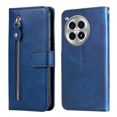 Funda de Cuero para OnePlus Ace 3 Pro con Textura Becerro y Cremallera (Azul)
