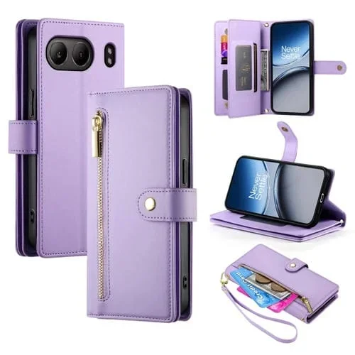 Funda de Cuero para OnePlus Nord 4 5G con 9 Ranuras para Tarjetas y Cremallera (Morado)