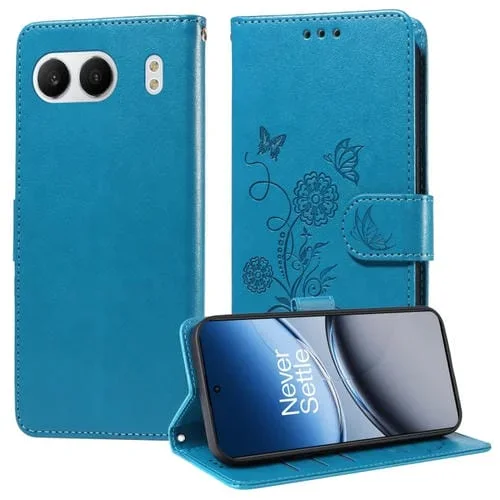 Funda de Cuero para OnePlus Nord 4 5G con Diseño de Mariposas y Flores en Relieve (Azul)