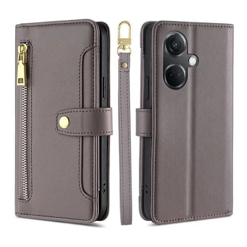 Funda de Cuero para OnePlus Nord Ce3 5G Lite con Textura de Oveja y Cremallera Cruzada (Gris)