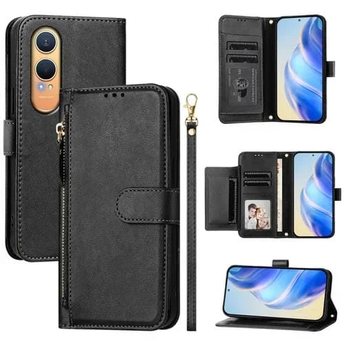 Funda de Cuero para OnePlus Nord Ce4 Lite con Cremallera y Ranuras para Tarjetas (Negro)