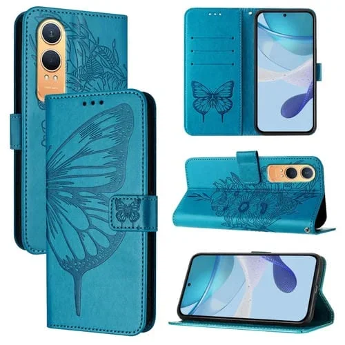 Funda de Cuero para OnePlus Nord CE4 Lite con Diseño de Mariposa en Relieve (Azul)