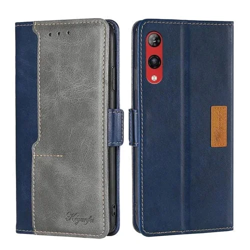 Funda de Cuero para Rakuten Hand 4G con Hebilla Lateral y Contraste (Azul + Gris)
