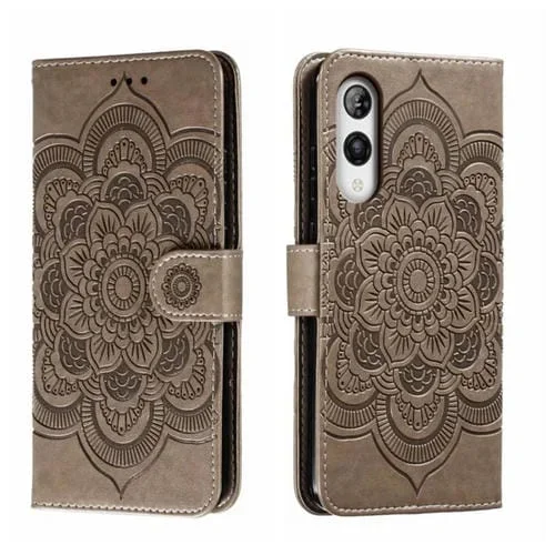 Funda de Cuero para Rakuten Hand 5G con Patrón en Relieve Sun Mandala (Gris)