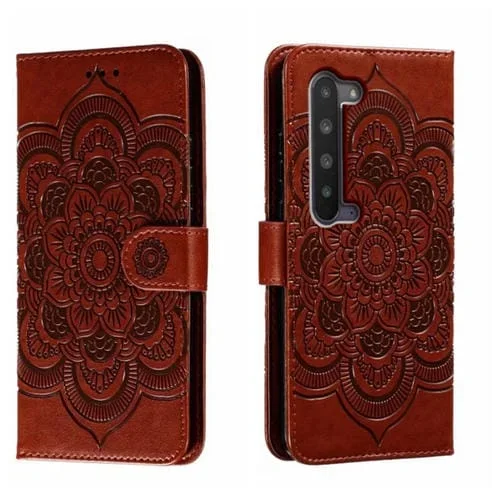Funda de Cuero para Sharp Aquos R5G con Patrón En Relieve Sun Mandala (Marrón)