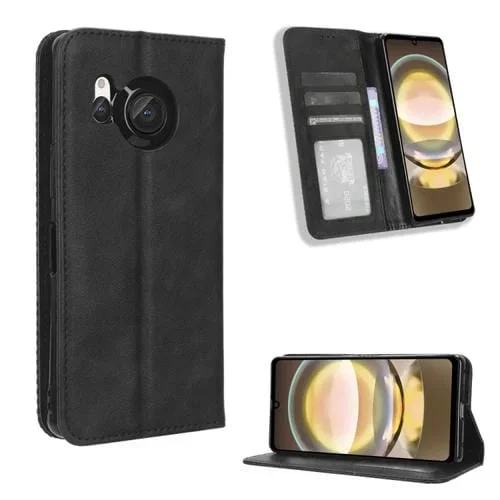 Funda de Cuero para Sharp Aquos R8 con Hebilla Magnética y Textura Retro (Negro)
