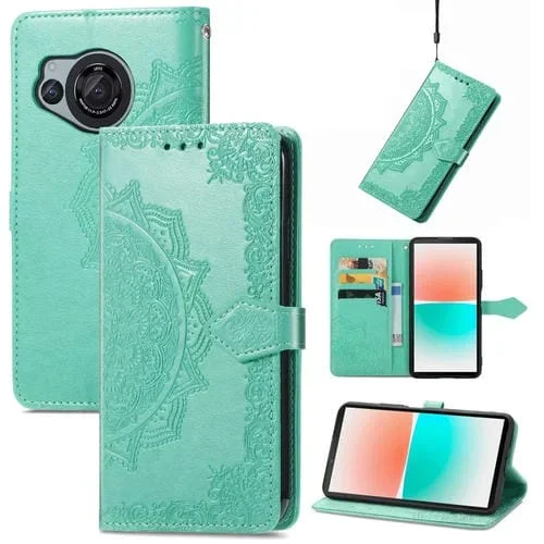 Funda de Cuero para Sharp Aquos R8 Mandala Flower en Relieve para Teléfono (Verde)