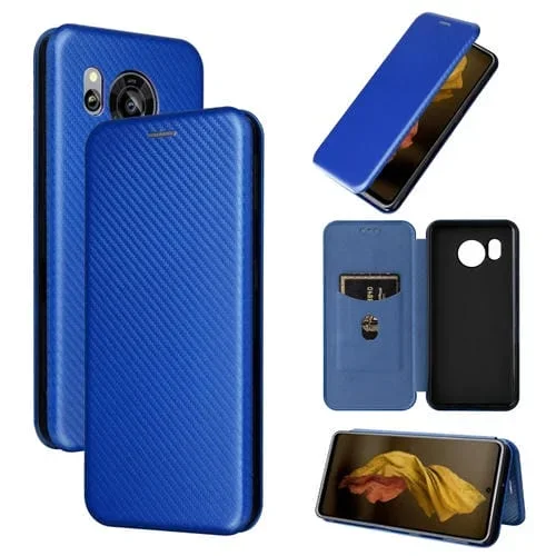 Funda de Cuero para Sharp Aquos Sense7 Plus con Textura de Fibra de Carbono (Azul)