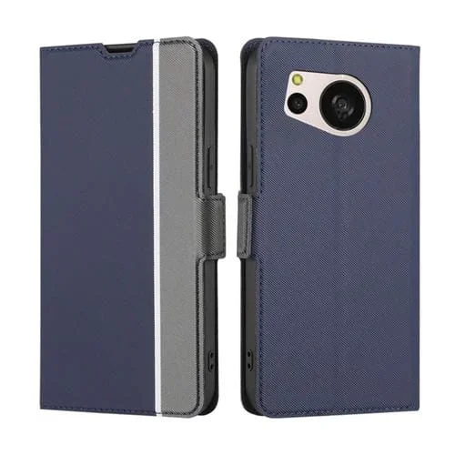 Funda de Cuero para Sharp Aquos Sense8 con Botón Lateral y Textura de Sarga (Azul)