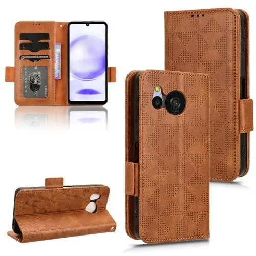 Funda de Cuero para Sharp Aquos Sense8 con Patrón de Triángulo Simétrico (Marrón)