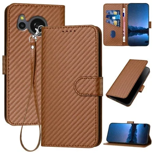 Funda de Cuero para Sharp Aquos Sense8 Yx0070 con Hebilla de Fibra de Carbono y Cordón (Café)