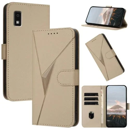 Funda de Cuero para Sharp Aquos Wish3 con Cierre de Hebilla y Diseño Triangular (Dorada)