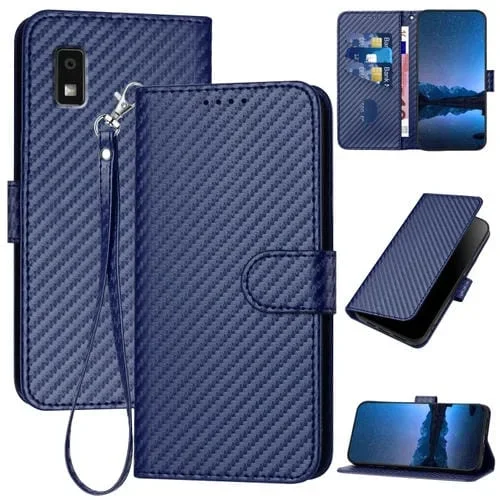Funda de Cuero para Sharp Aquos Wish3 Yx0070 con Hebilla de Fibra de Carbono y Cordón (Azul Real)