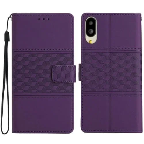 Funda de Cuero para Sharp Basio Active SHG09 con Efecto Piel en Relieve de Diamante (Morado)