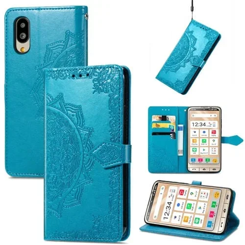 Funda de Cuero para Sharp Simple Sumaho 6 Mandala Flower en Relieve (Azul)