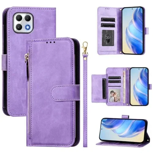 Funda de Cuero para T-Mobile Revvl 7 5G con Cremallera y Ranuras para Tarjetas (Morado)