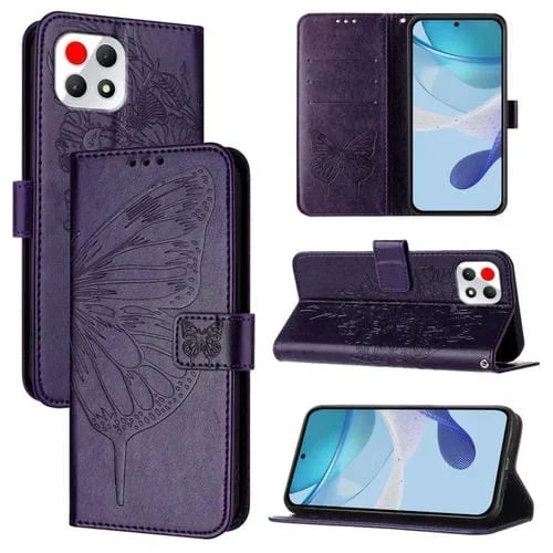 Funda de Cuero para T-Mobile Revvl 7 5G con Diseño de Mariposa En Relieve (Morado Oscuro)