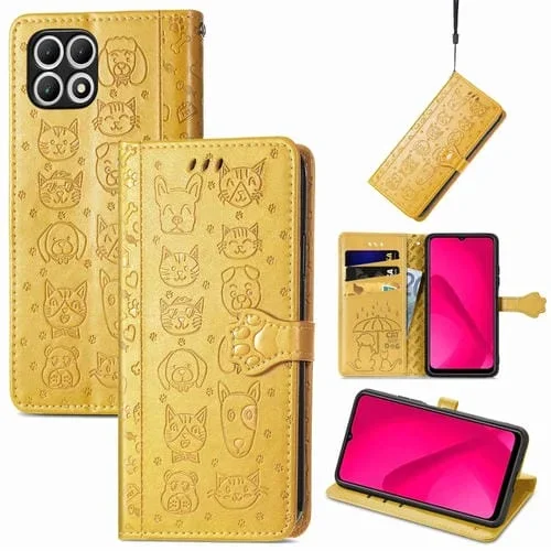 Funda de Cuero para T-Mobile T Phone 2 Pro 5G con Relieve Perros y Gatos (Amarillo)