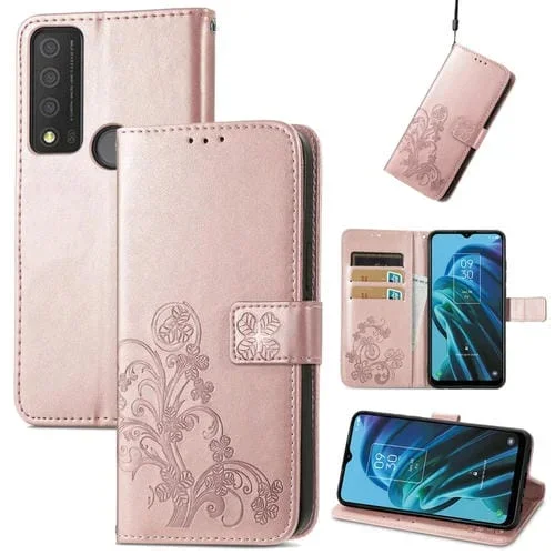Funda de Cuero para TCL 30 Xe 5G con Relieve de Cuatro Hojas (Oro Rosa)