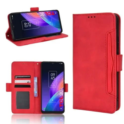 Funda de Cuero para TCL 30 XL Skin Feel con Textura Becerro y Ranuras para Tarjetas (Rojo)
