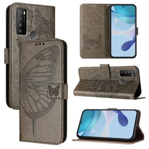 Funda de Cuero para TCL 30 XL T701Dl con Diseño de Mariposa en Relieve (Gris)