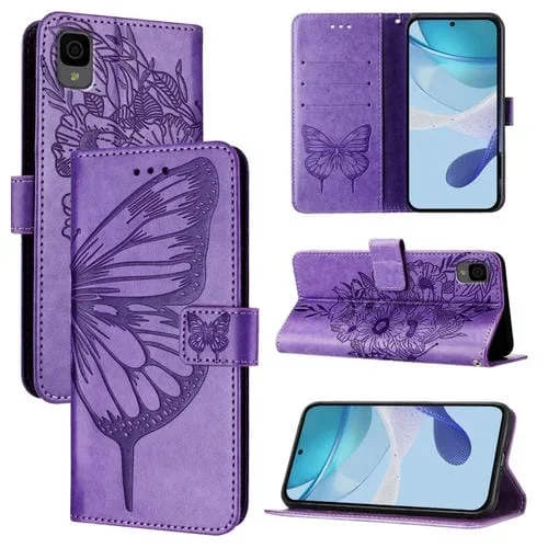 Funda de Cuero para TCL 30Z T602Dl con Diseño de Mariposa En Relieve (Morado Claro)