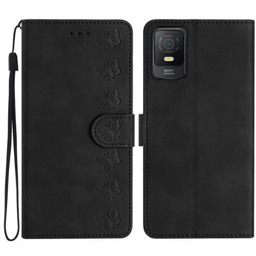 Funda de Cuero para TCL 40 Se Seven Butterflies con Relieve (Negro)