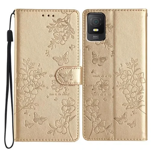Funda de Cuero para TCL 403 Butterfly Love Flower con Relieve (Oro)