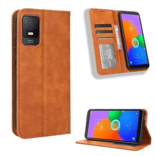 Funda de Cuero para TCL 403 con Hebilla Magnética y Textura Retro (Marrón)