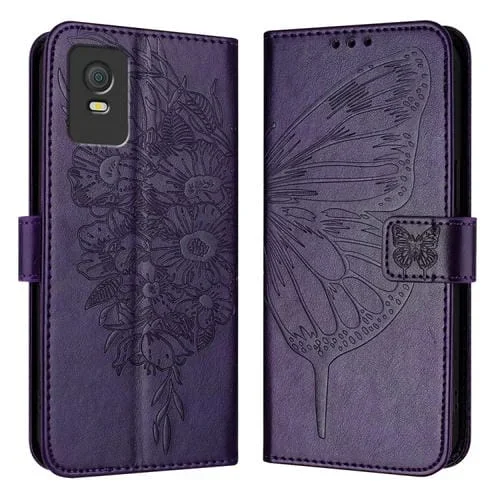 Funda de Cuero para TCL 403 con Mariposa en Relieve (Púrpura Oscuro)
