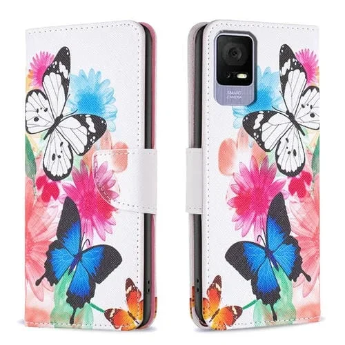 Funda de Cuero para TCL 405 con Patrón de Mariposas y Colores