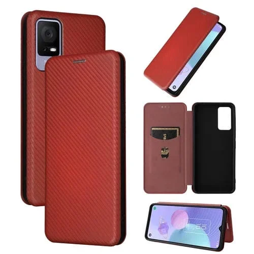 Funda de Cuero para TCL 408 con Textura de Fibra de Carbono (Marrón)