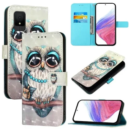 Funda de Cuero para TCL 502 con Tapa Horizontal y Pintura 3D (Búho Gris)