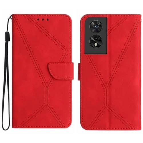 Funda de Cuero para TCL 505 con Costuras En Relieve (Rojo)