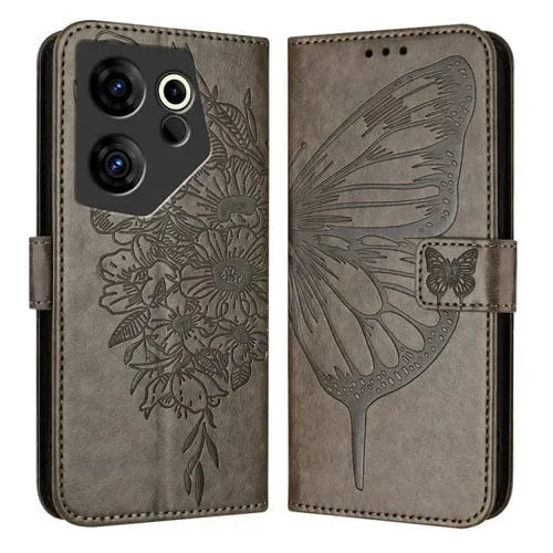 Funda de Cuero para Tecno Camon 20 Premier 5G con Mariposa en Relieve (Gris)