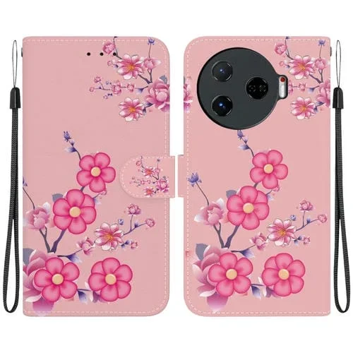 Funda de Cuero para Tecno Camon 30 Pro Cl8 con Dibujo Coloreado y Textura de Cristal (Flores de Cerezo)