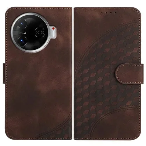 Funda de Cuero para Tecno Camon 30 Pro Yx0060 con Relieve y Cabeza de Elefante con Cordón (Café)