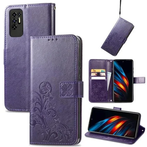 Funda de Cuero para Tecno Pova 2 con Cierre de Cuatro Hojas, Hebilla en Relieve, Ranura para Tarjeta y Soporte (Púrpura)