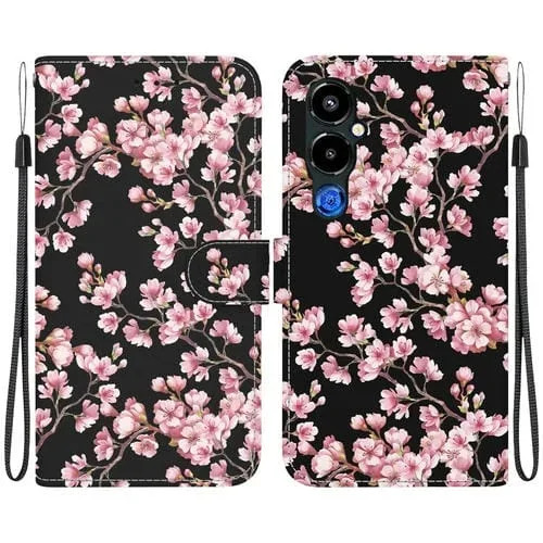 Funda de Cuero para Tecno Pova 4 Pro con Dibujo Coloreado y Textura de Cristal (Flor de Ciruelo)