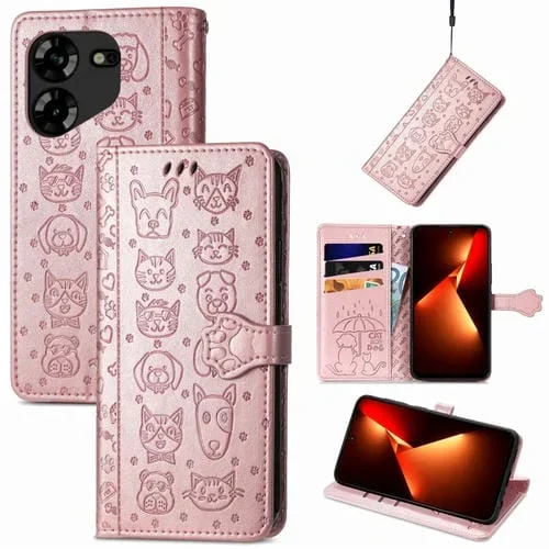 Funda de Cuero para Tecno Pova 5 4G con Relieve Perros y Gatos (Oro Rosa)
